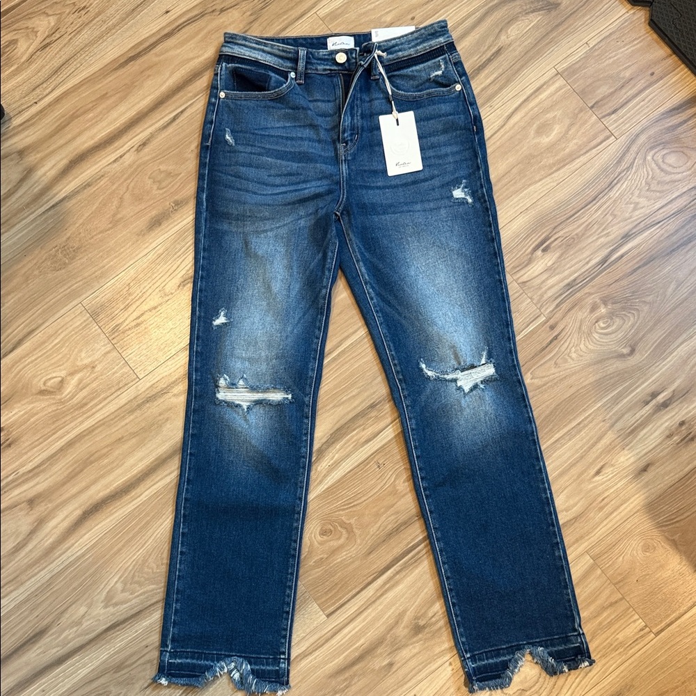 KanCan Dark Blue Distressed Slim Straight Leg Jeans high rise Peach